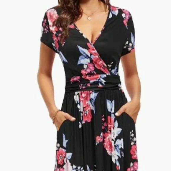 OUGES Dresses Ouges Vneck Tropical Patterned Long Maxi Dress